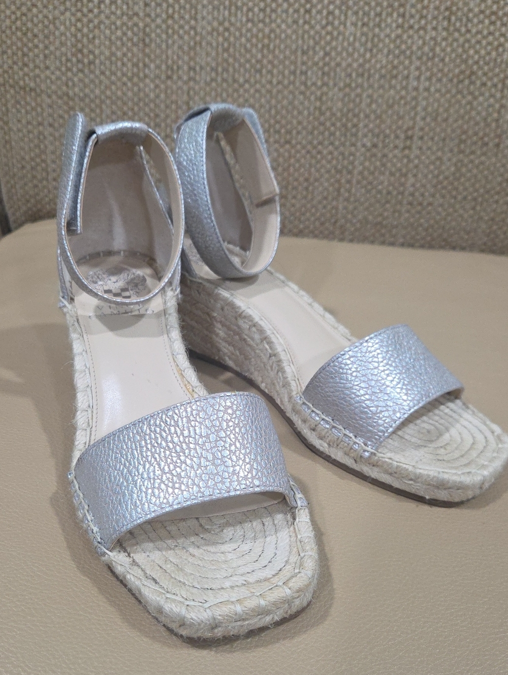 Vince Camuto Womens Silver Leather Espadrille Ankle-Strap Wedge Sandals